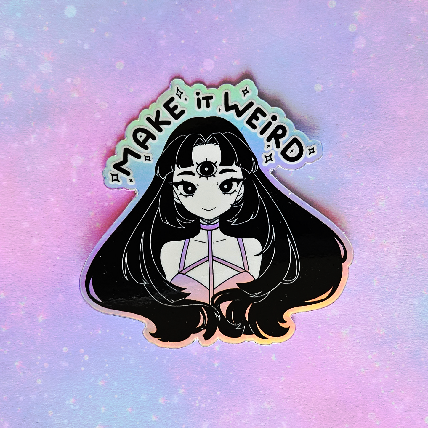 Sticker with an anime character and 'Make it Weird' text on a pastel gradient background