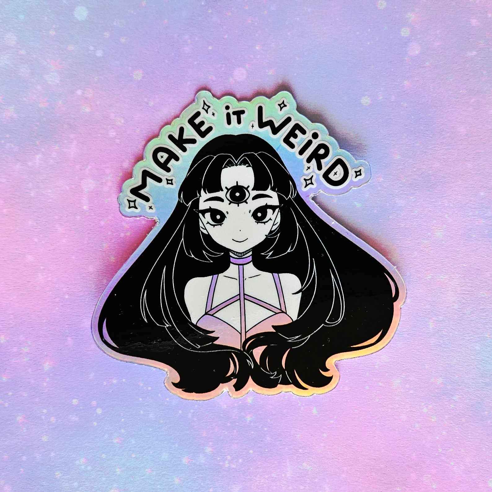 Sticker with an anime character and 'Make it Weird' text on a pastel gradient background