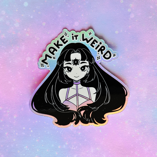 Sticker with an anime character and 'Make it Weird' text on a pastel gradient background