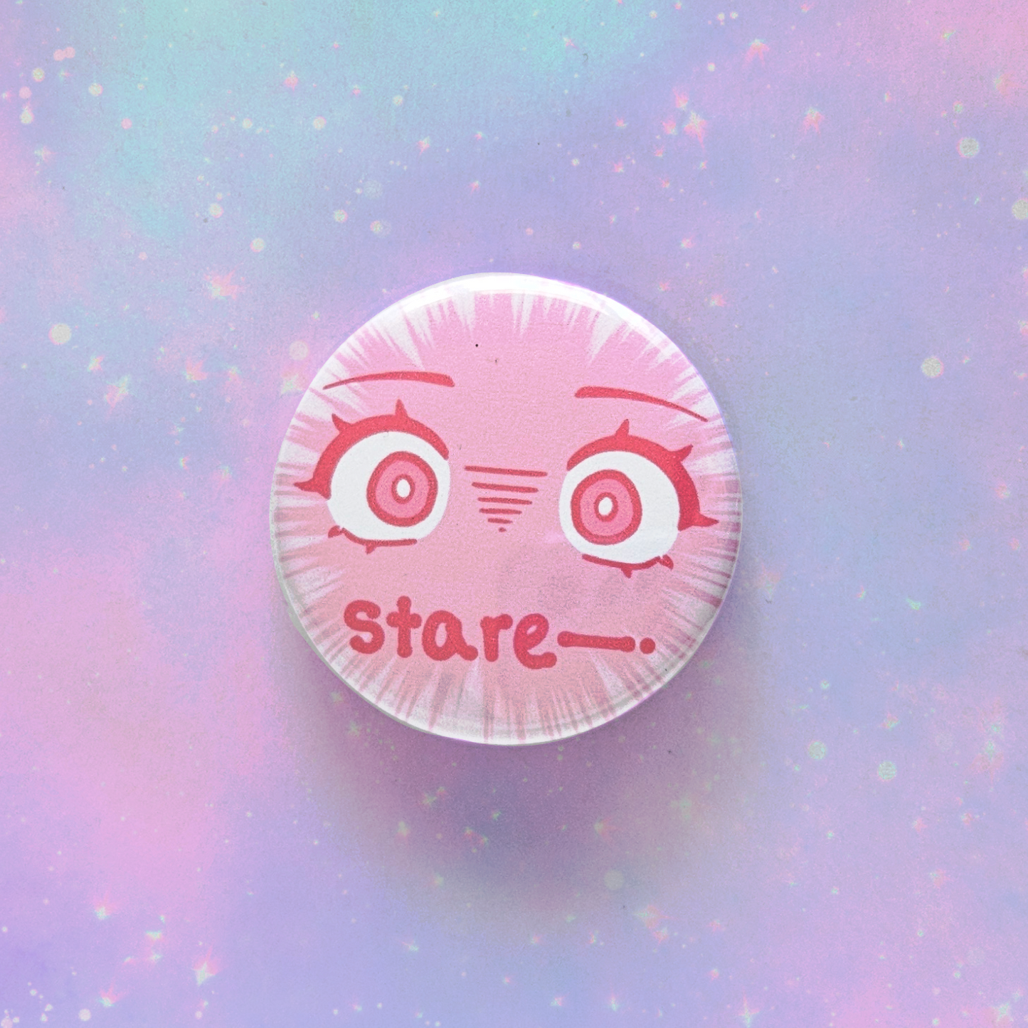 Circular object with cartoon face and 'stare' text on a pastel gradient background