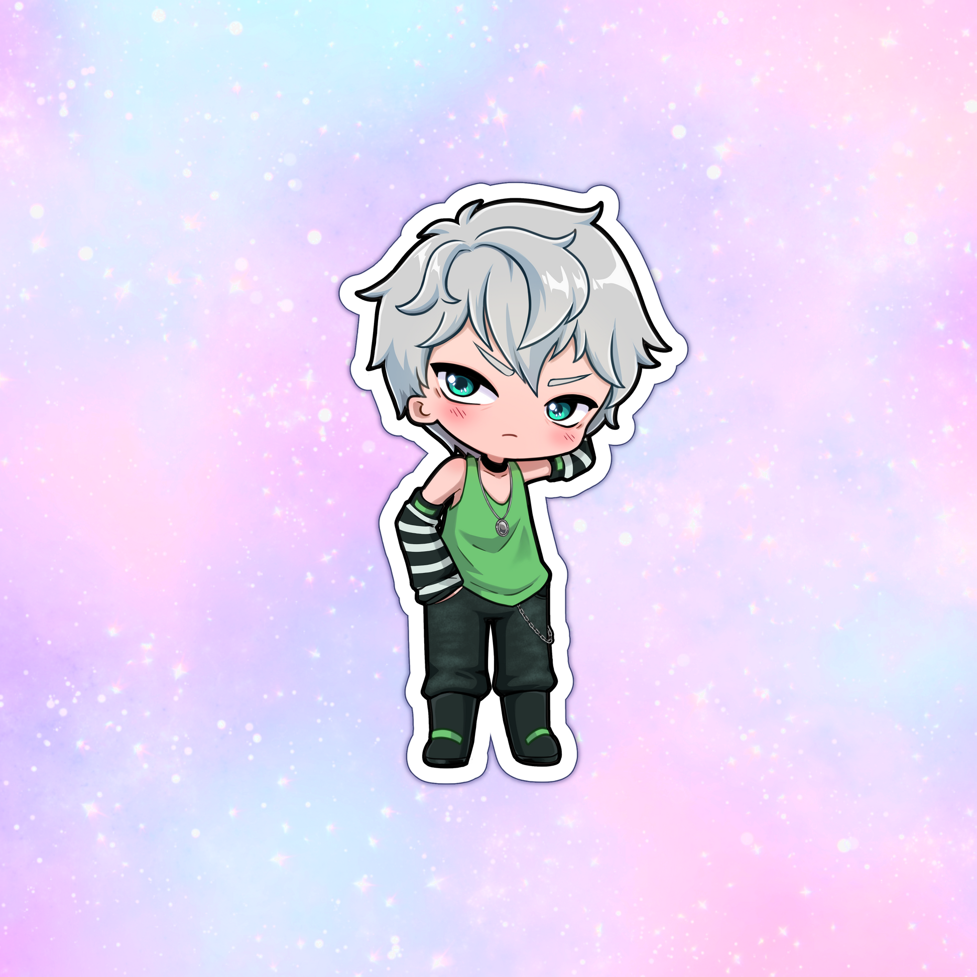 Cartoon character with white hair and green eyes on a pastel gradient background